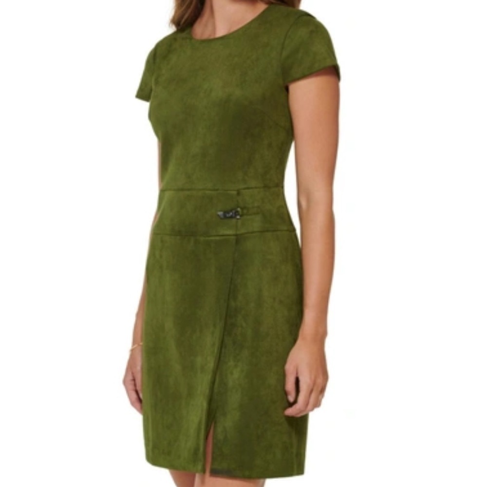 DKNY Green Faux Suede Shortsleeved Above The Knee Buckle Side Slit Dress Size 14